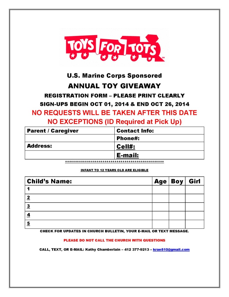 TOYS FOR TOTS 2014 Sign Up Union Baptist Church of Swissvale